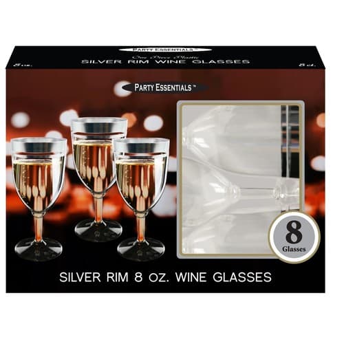 Party Essentials 8 Count Plastic Silver Rim Wine Stems