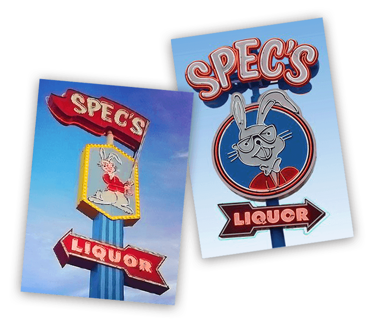 Two vintage neon signs with the Spec's name and logo