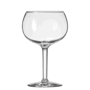 A glass with a very wide, rounded bowl and a tall stem