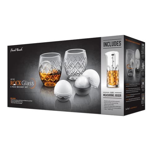 Final Touch 5 Pc Whiskey Set With On The Rocks Glasses Jigger & Ice Ball Molds